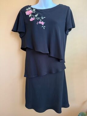 S.L. Fashion Black Layered Midi 2 piece Set with Pink Floral Embroidery Size 12